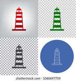 Lighthouse sign illustration. Vector. 4 styles. Red gradient in radial lighted background, green flat and gray scribble icons on transparent and linear one in blue circle.