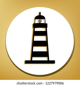 Lighthouse sign illustration. Vector. Black icon with light brown shadow in white circle with shaped ring at golden background.