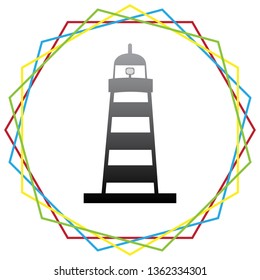 Lighthouse sign illustration. Vector. Black icon with patch of light inside colorful hexagonal frames at white background.