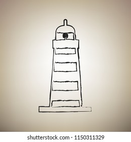 Lighthouse sign illustration. Vector. Brush drawed black icon at light brown background.