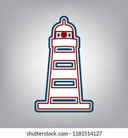 Lighthouse sign illustration. Vector. Dark red, transparent and midnight green stroke of white icon at grayish background.