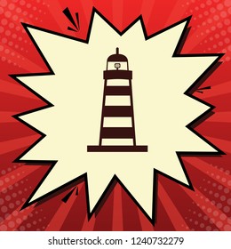 Lighthouse sign illustration. Vector. Dark red icon in lemon chiffon shutter bubble at red popart background with rays.