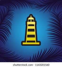 Lighthouse sign illustration. Vector. Golden icon with black contour at blue background with branches of palm trees.