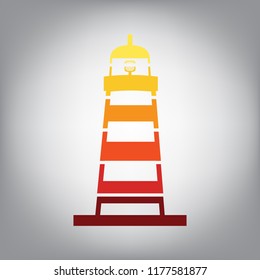 Lighthouse sign illustration. Vector. Horizontally sliced icon with colors from sunny gradient in gray background.