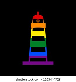 Lighthouse sign illustration. Vector. Icon with colors of LGBT flag at black background.
