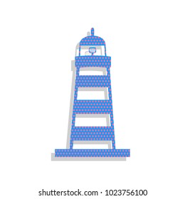 Lighthouse sign illustration. Vector. Neon blue icon with cyclamen polka dots pattern with light gray shadow on white background. Isolated.