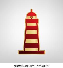 Lighthouse sign illustration. Vector. Red icon on gold sticker at light gray background.