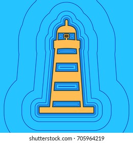 Lighthouse sign illustration. Vector. Sand color icon with black contour and equidistant blue contours like field at sky blue background. Like waves on map - island in ocean or sea.