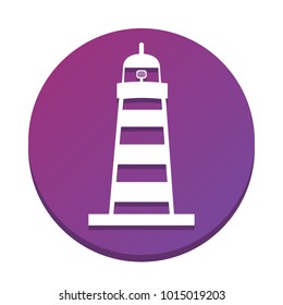 Lighthouse sign illustration. Vector. White icon with flat shadow on purpureus circle at white background. Isolated.