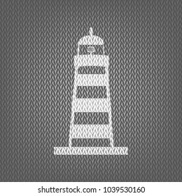 Lighthouse sign illustration. Vector. White knitted icon on gray knitted background. Isolated.