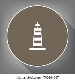 Lighthouse sign illustration. Vector. White icon on brown circle with white contour and long shadow at gray background. Like top view on postament.