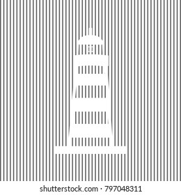 Lighthouse sign illustration. Vector. White icon on grayish striped background. Optical illusion.