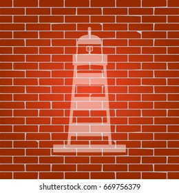 Lighthouse sign illustration. Vector. Whitish icon on brick wall as background.