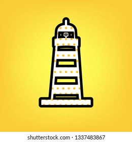 Lighthouse sign illustration. Vector. Yellow polka dot white icon with black contour at warm yellow background.