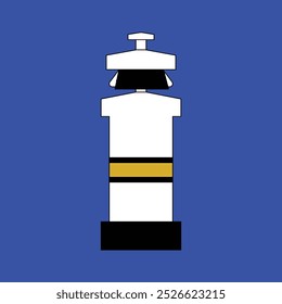 Ilustración de letrero de faro. Icono blanco con contorno negro sobre fondo azul. Diseño de elemento de ilustración de torre de observación de tráfico. Diseño gráfico de utensilios de Transporte