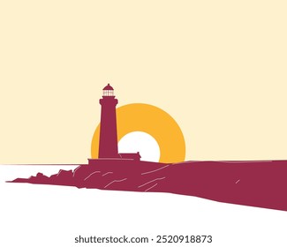 a lighthouse silhouette against an orange sunset sky.