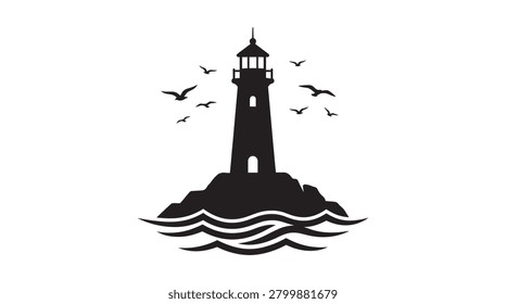 Lighthouse Silhouette With Birds And Waves On White Background