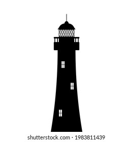 Lighthouse silhouette. Black tower with floodlight dome and luminous windows. Seaside safe navigation landmark for ships in vector night.