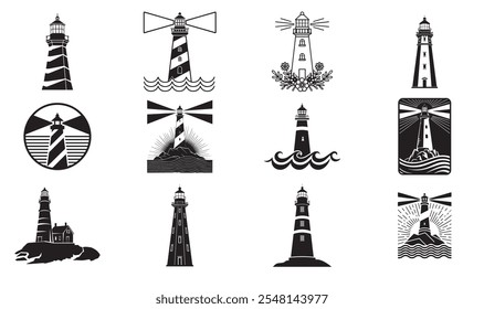 Paquete de la silueta del faro, sistema del icono del faro.