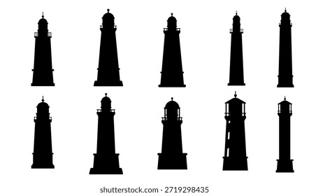 Leuchtturm Silhouette Sammlung. Schwarze Turmformen in verschiedenen Stilen. Symbolsatz für die Navigation auf See für nautische Designprojekte. Vektorgrafik einzeln auf weißem Hintergrund