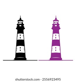 Lighthouse silhouette and color vector illustration, Lighthouse silhouette icons set logo black beacon light ocean sea light house nautical marine