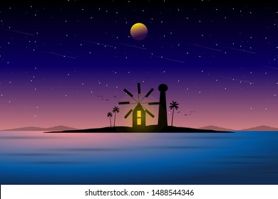 lighthouse silhouette  with colorful skyline starry night sky landscape 
