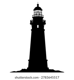 Lighthouse silhouette icon isolated on a plain surface representing a classic maritime navigational structure for safety at sea and coastal guidance for sailors traveling through dark and stormy ocean waters.