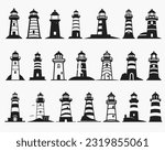 Lighthouse silhouette icons set logo black beacon light ocean sea light house nautical marine silhouettes vector illustration