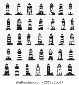 Lighthouse silhouette icons set logo black beacon light ocean sea light house nautical marine silhouettes vector illustration