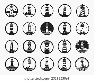 Lighthouse silhouette icons set logo black beacon light ocean sea light house nautical marine silhouettes vector illustration