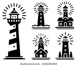 Lighthouse silhouette icons set logo black beacon light ocean sea light house nautical marine silhouettes vector illustration.