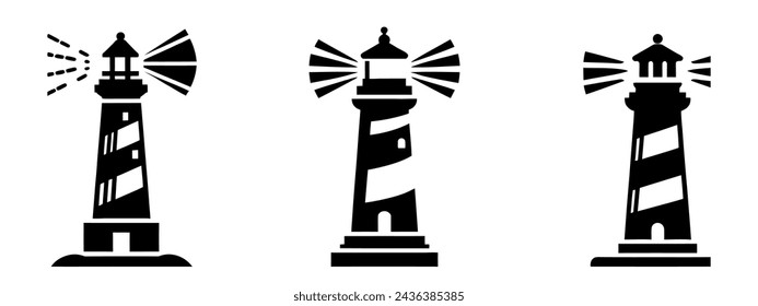 Lighthouse silhouette icons set logo black beacon light ocean sea light house nautical marine silhouettes vector illustration.