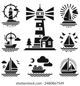 Lighthouse silhouette icons set logo black beacon light ocean sea light house nautical marine silhouettes vector illustration.