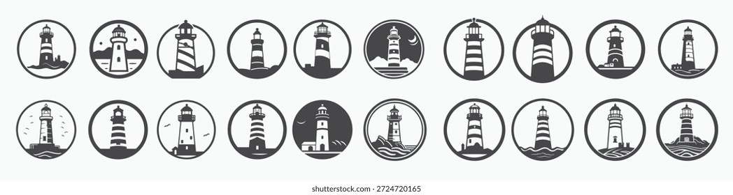 lighthouse silhouette icons set logo black beacon light
