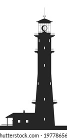 Lighthouse. Silhouette of large lighthouse isolated on white background. Vector illustration.