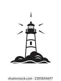 Lighthouse silhouette. Monochrome vector. A lantern in the ocean