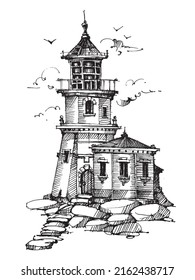 Lighthouse silhouette, Nautical design, Beacon, Watchtower illustration, Coastal Town Line drawing