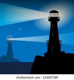 Lighthouse silhouette at night, vector illustration