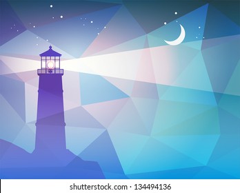 Lighthouse silhouette at night, vector illustration