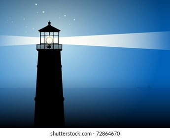 Lighthouse silhouette at night, vector illustration