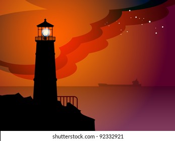 Lighthouse silhouette at night, vector illustration
