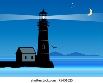 Lighthouse Silhouette At Night, Vector Illustration