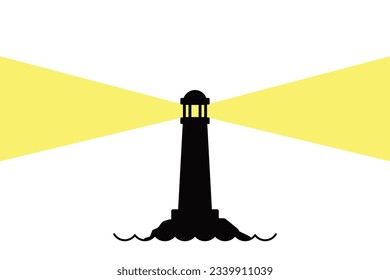 Lighthouse silhouette at night with yellow light shining, background vector illustration nobody 