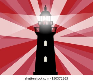 Lighthouse silhouette on abstract background, vector illustration