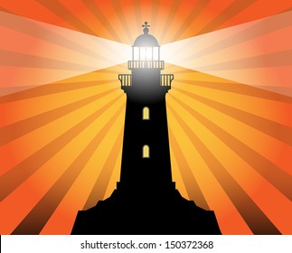Lighthouse silhouette on abstract background, vector illustration