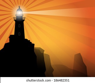 Lighthouse silhouette on abstract background, vector illustration