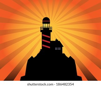 Lighthouse silhouette on abstract background, vector illustration