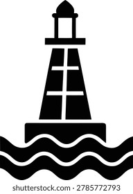 Lighthouse silhouette on ocean waves icon for maritime navigation with a black silhouette