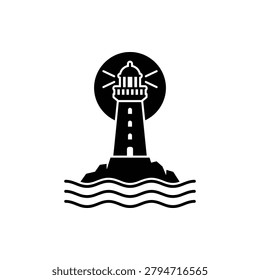 Lighthouse silhouette, perched on rocks, waves below, emitting light beam. Symbolizes guidance, hope, safety, navigation, and warning. Ideal for maritime, coastal, travel, and abstract concepts.
