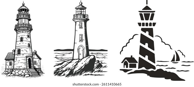 Lighthouse Silhouette Set, Coastal and Navigational Design - Flat Vector Illustration